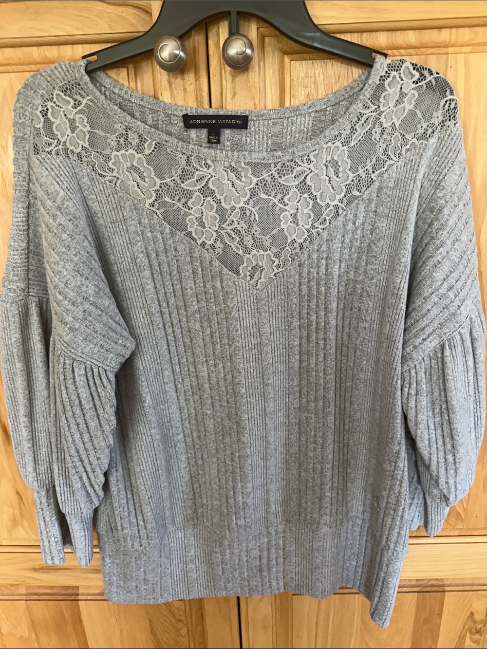 Adrienne Vittadini Light Gray Lace-Trim Ribbed Scoop Neck Sweater